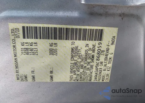 2010 Nissan Maxima 3.5 Sv z USA, uszkodzony, nr VIN 1N4AA5AP9AC868059